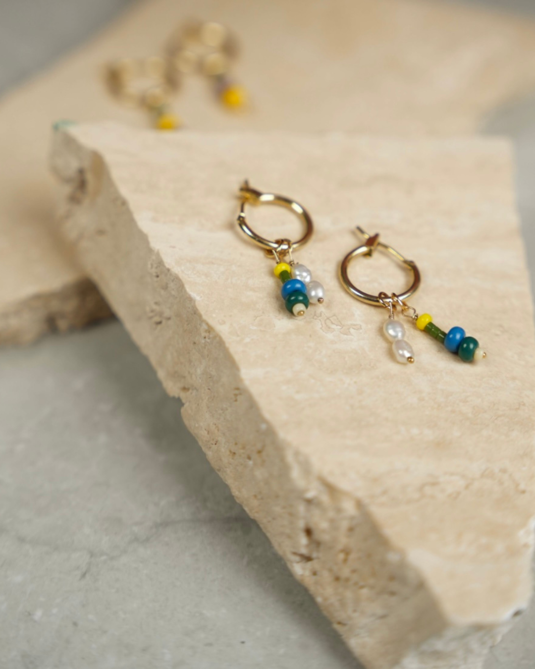green beaded pearl gold hoops