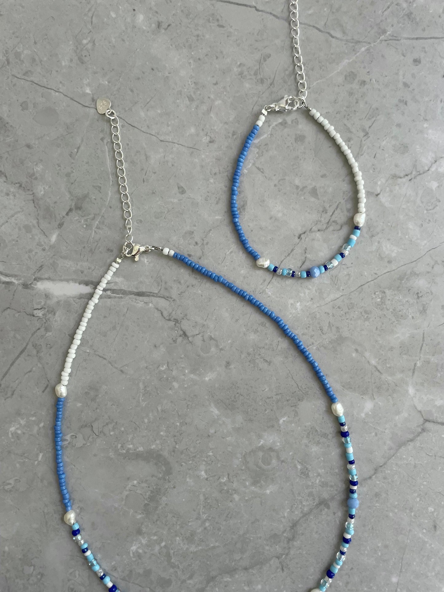 sea breeze necklace and bracelet set, Beachy, blue, freshwater pearls, handmade