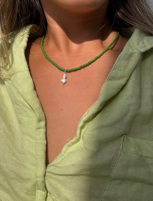 green pearl beaded necklace